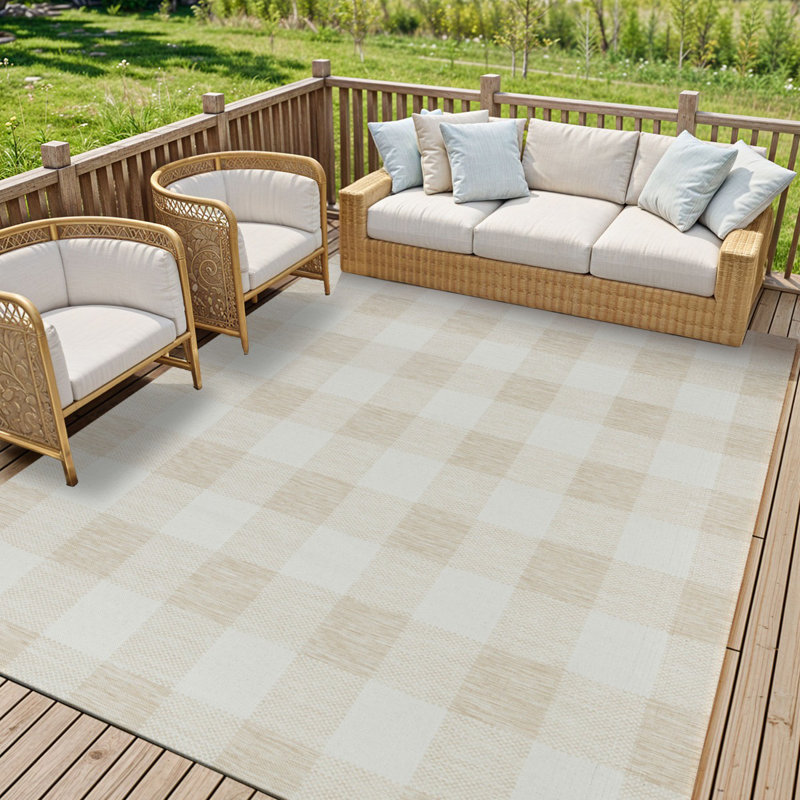 Beige Modern Outdoor Rug, Chequered Stain Resistant Easy to Clean Rug For Patio, Balcony, & Garden, Rectangle 160 x 213 cm