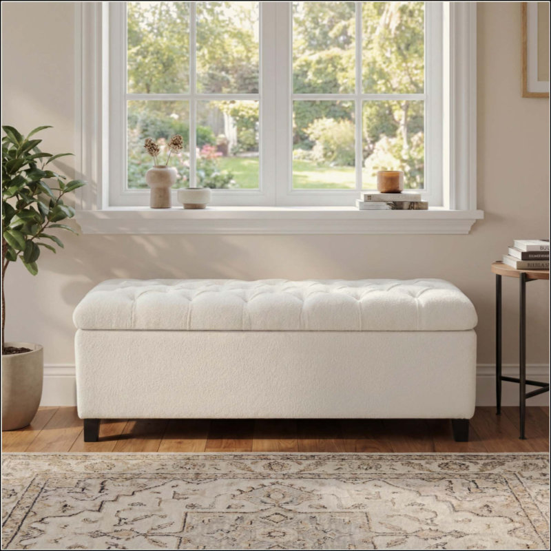 Banc repose-pieds avec rangement, surface bouclée, pieds en bois d'hévéa, capacité de 300 lb