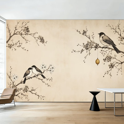 Papier peint à peler et coller Élégantes fleurs de cerisier Branches d'oiseaux, sépia, peintures murales asiatiques traditionnelles, papier peint amovible en PVC, H 100 po x l 144 po, pour chambre à coucher, bureau à domicile, bureau à domicile
