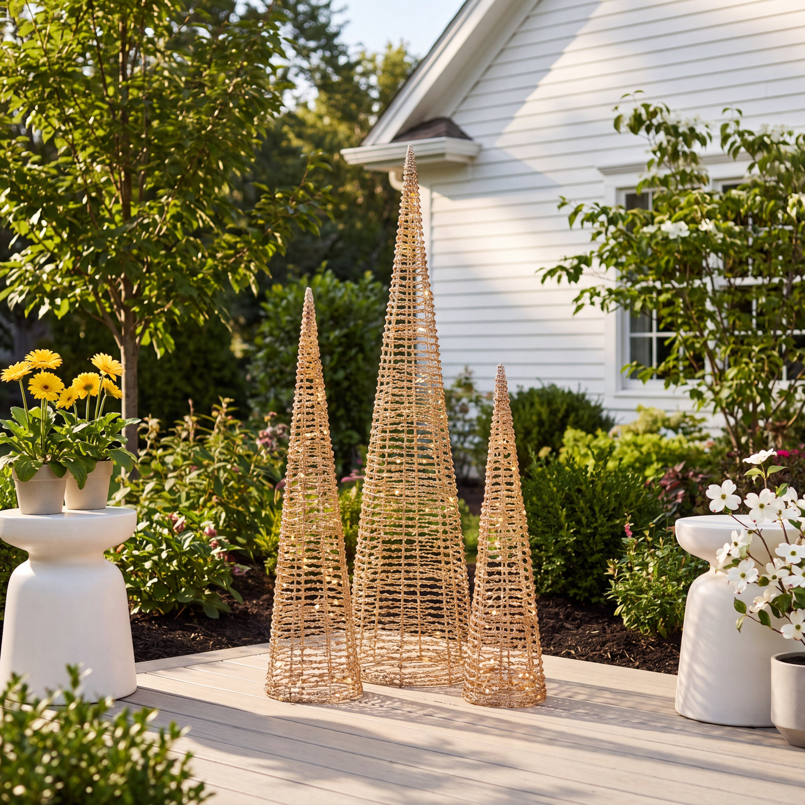 3-Piece Lighted Champagne Gold Cone Tree Set