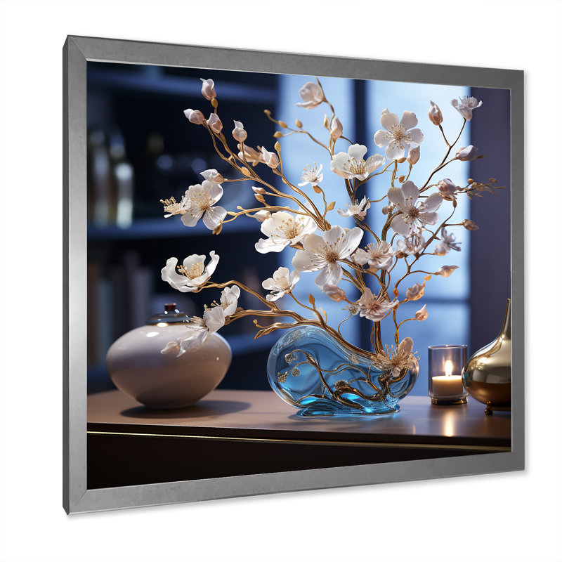 Bleuets aux accents dorés sur toile, Cadre simple argenté, H 36 po x l 36 po x P 1,5 po