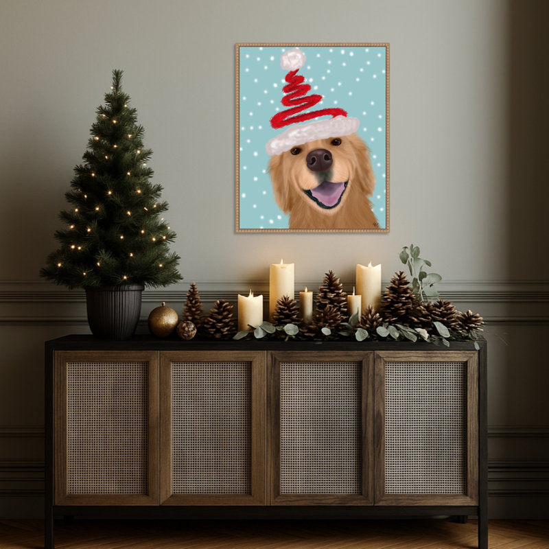 «Christmas Golden Retriever and Spring Santa Hat» par Fab Funky, impression sur toile encadrée