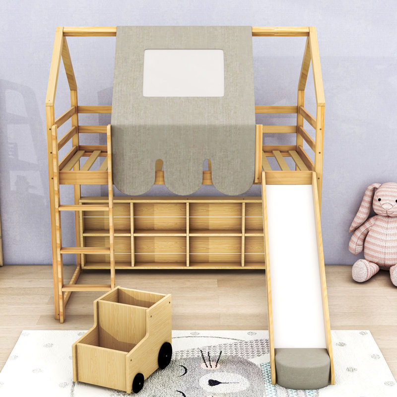 Cadre de lit mezzanine en bois Aryo avec tente, Simple, Naturel / Beige