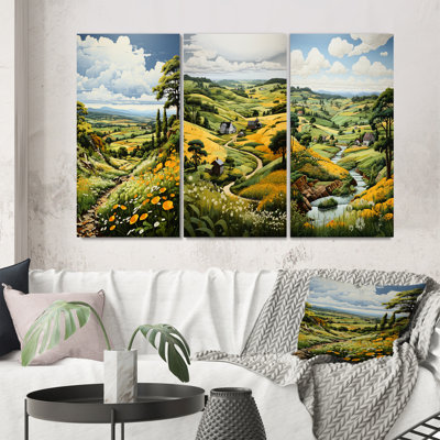 " Countryside Green And Yellow Reverie Landscape " 3 - Pieces