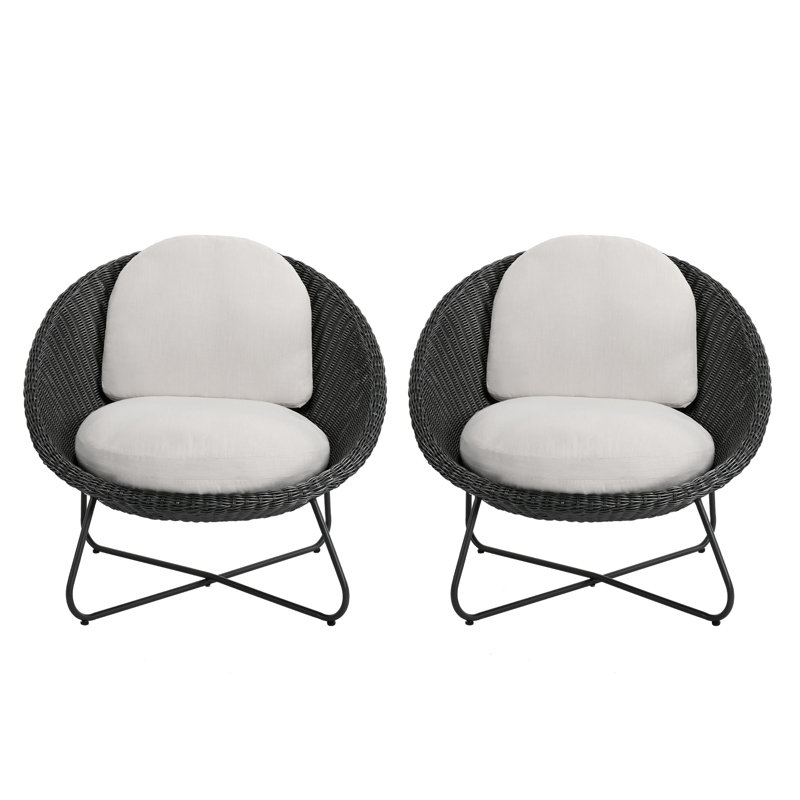 Kayla Metal & Wicker Patio Lounge Chairs with Cushions (set of 2), Black