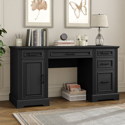 Bureau d'ordinateur Buckhorn de 58 po avec prise et 5 tiroirs, grande armoire de rangement pour bureau à domicile