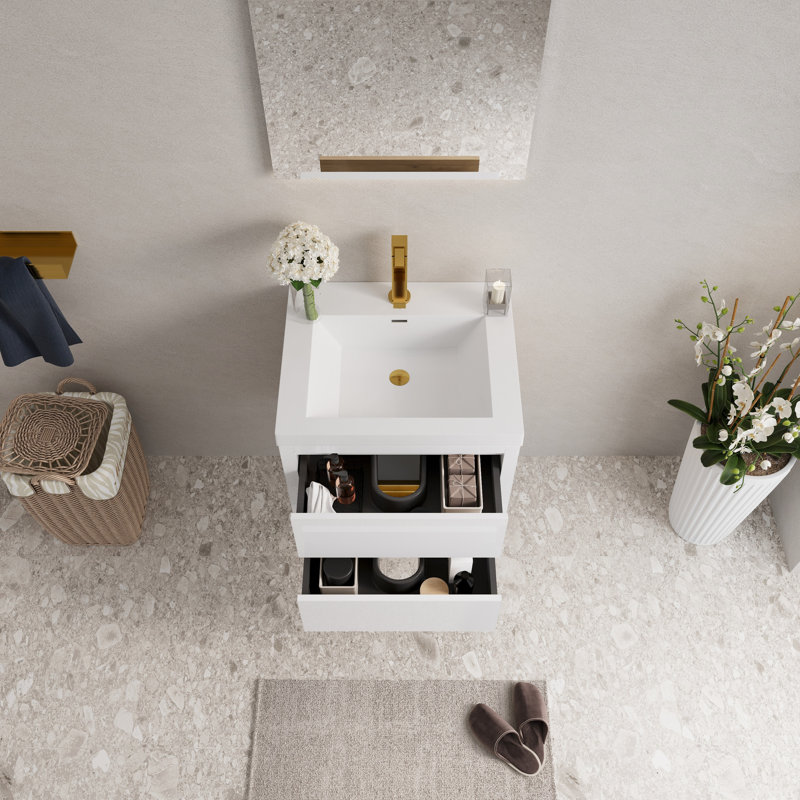 Meuble-lavabo de 24 po avec lavabo, blanc brillant. Pré-assemblé pour faciliter l'installation. Rangement en U Utilisation efficace. Tiroirs à fermeture en douceur, fonctionnement silencieux. Comptoir en résine de pierre. - Bois