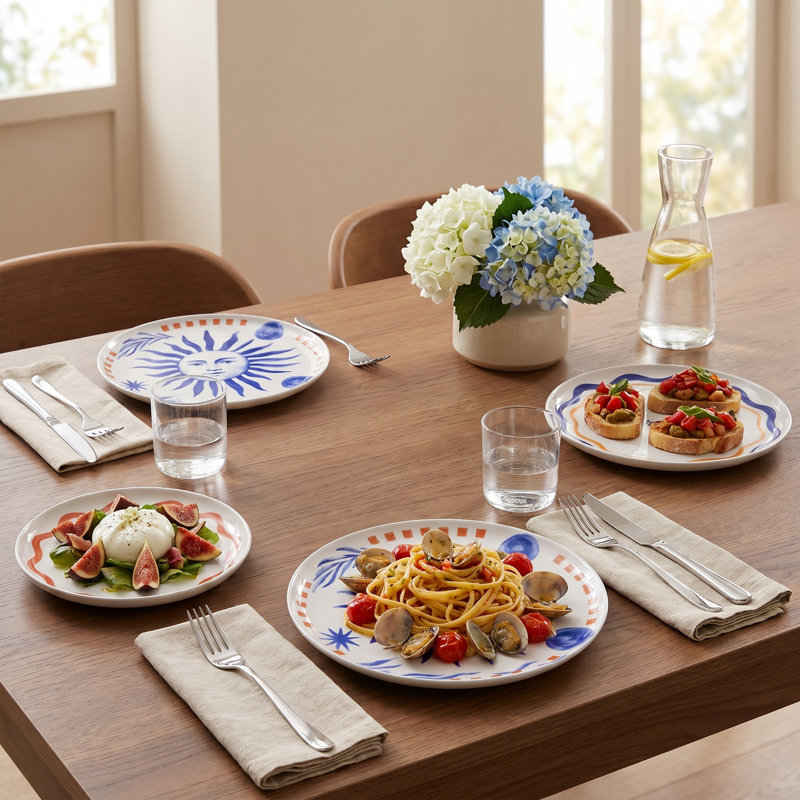 Service de table en porcelaine bleue et rouge Artisanal Soleil (service de 12 pièces pour 4 personnes)