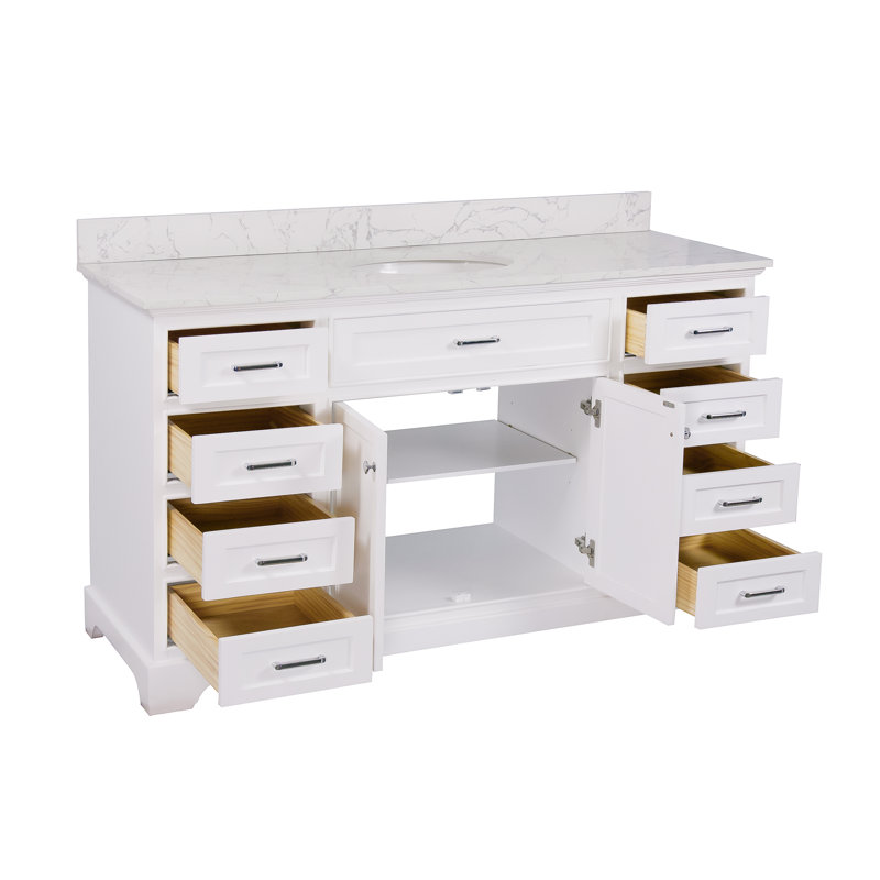 Meriline 60" Single Bathroom Vanity Set with White Cabinet and Engineered Marble Countertop, White, Engineered Marble