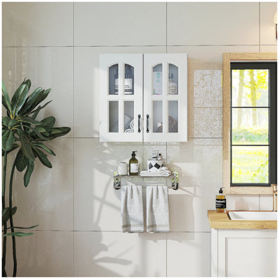 Wall Mounted Glass Door Display Cabinet with Adjustable Shelves, Perfect for Kitchen, Bathroom, and Living Room Storage