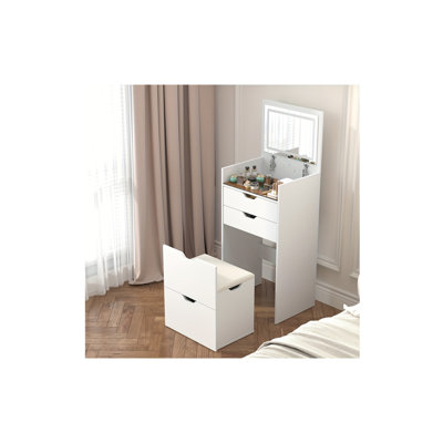 Coiffeuse 3-en-1 avec miroir rabattable et tabouret de rangement