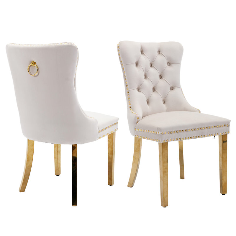 Belmont Button-Tufted Velvet Dining Chair – Premium Fabric & Solid Oak Frame, Beige, Gold, 2
