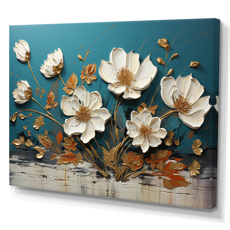 Bleu et or, charmante fleur printanière élégance II - Fleurs, art mural, Toile tendue, H 30 po x l 40 po x P 1,5 po