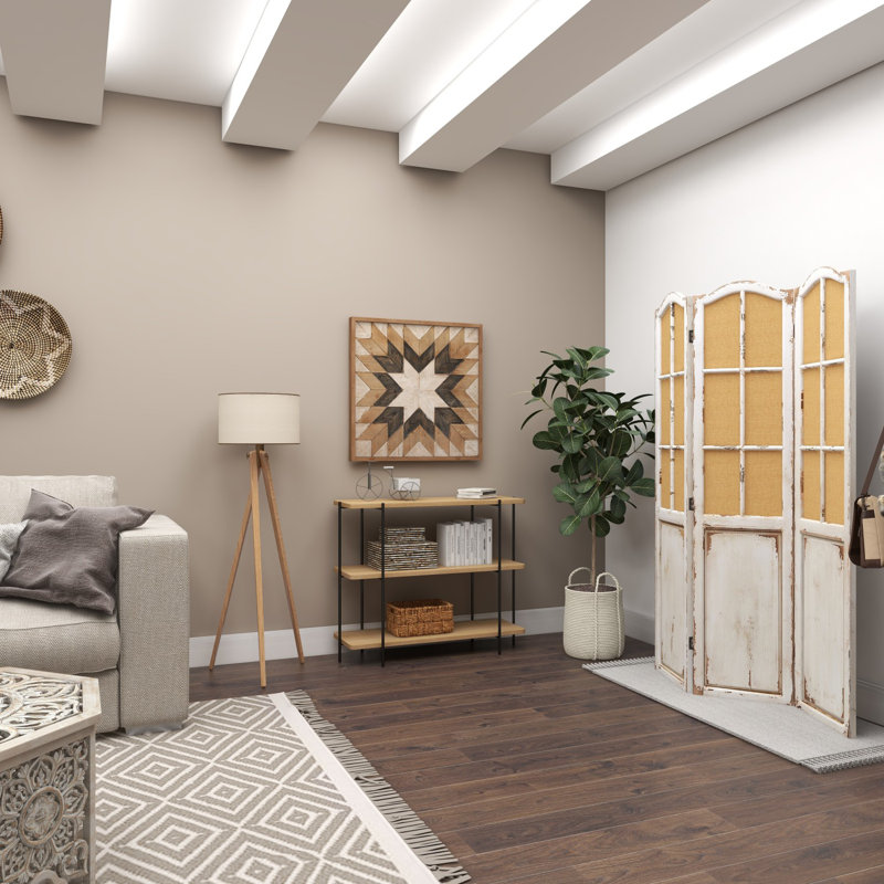 Beige Wood and Black Metal 2-Shelf Console Table
