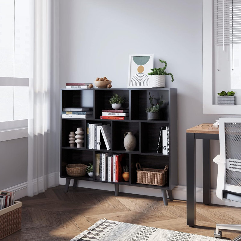 WAHEY Bookcase, 10 Cube Open Storage Display Bookshelf With Legs, HOFB013, 36.8"H x 47.2"W x 9.4"D, Obsidian Wood