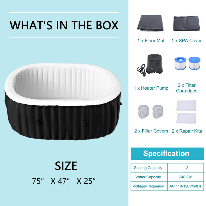 Hot Tub 73 In. X 47 In. X 25 In. Portable Blow Up Hot Tub With 130 Bubble Jets And Built In Heater Pump For 2-4 Person