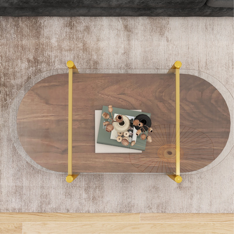 Table basse ovale en verre pour salon, 104 cm de longueur, double tablette, transparente et brune, pieds fuselés, structure de pièce.