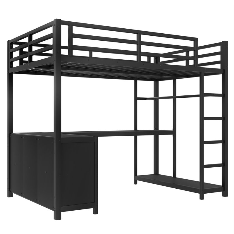 Metal Loft Bed With Wardrobe And L-Shaped Desk, Loft Bed With Storage Cubes And Shelves For Kids, Teens, And Adults, Twin