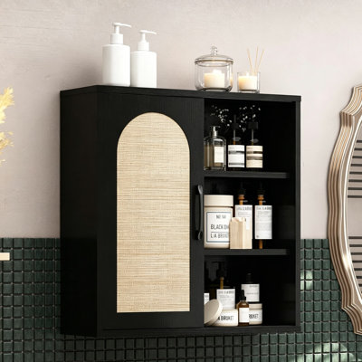 Rattan Wall Cabinet with Sliding Doors, Midcentury Over The Toilet Storage Cabinet, Adjustable Shelves for Bathroom, Kitchen, Living Room, Black