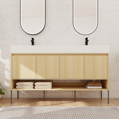 60" Freestanding Double Bathroom Vanity Set, Floor Standing Vanity with Resin Basin Sink Top, 4 Doors And 1 Shelf