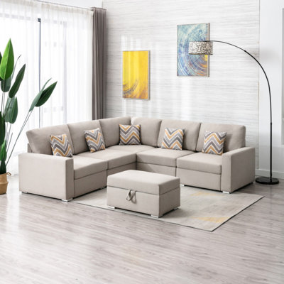 Modern Sofa 95.5" Linen Fabric 6Pc Reversible Sectional Sofa With Pillows, Storage Ottoman, And Interchangeable Legs