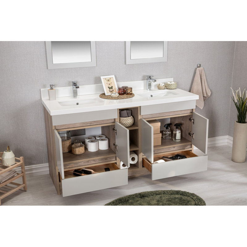 Ensemble de meuble-lavabo double 59 po avec miroir Kulia, Chêne / blanc