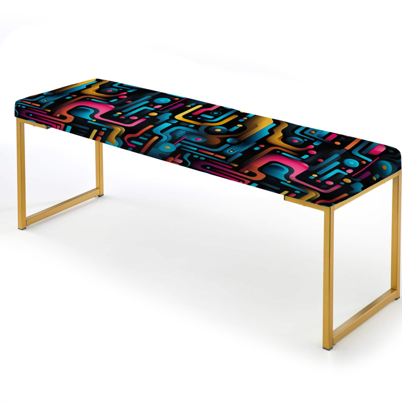 Geometric Upholstered Gold Bench, Neon Futuristic Lined Mirage