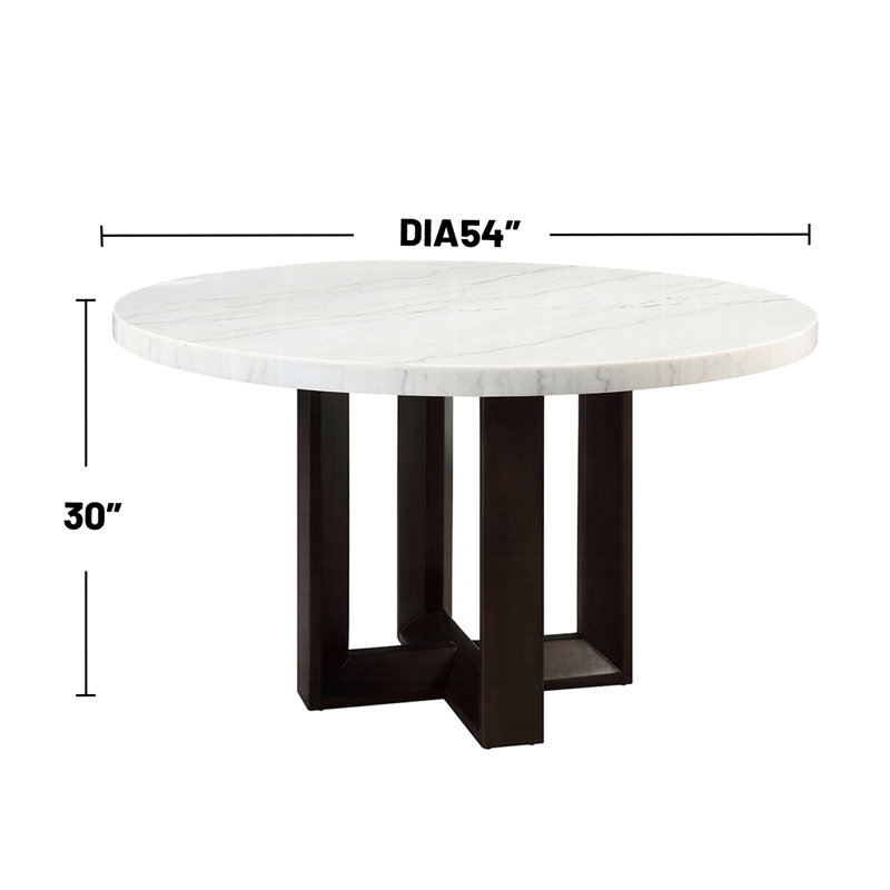 Table de salle à manger ronde en marbre avec base en X blanche et espresso