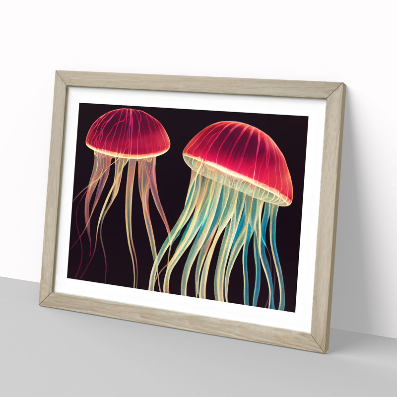 Two Jellyfish - Single Picture Frame Print, Oak, 46cm H x 64cm W x 2cm D