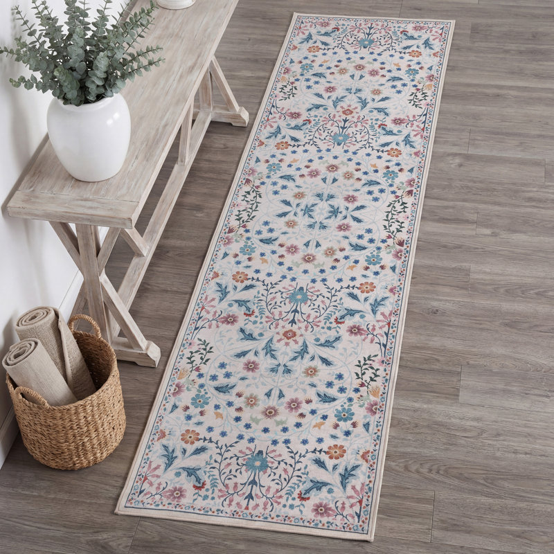 Primrose Art Nouveau Floral Border Machine-Washable Rug, Cream/Turquoise, Runner 2' x 8'