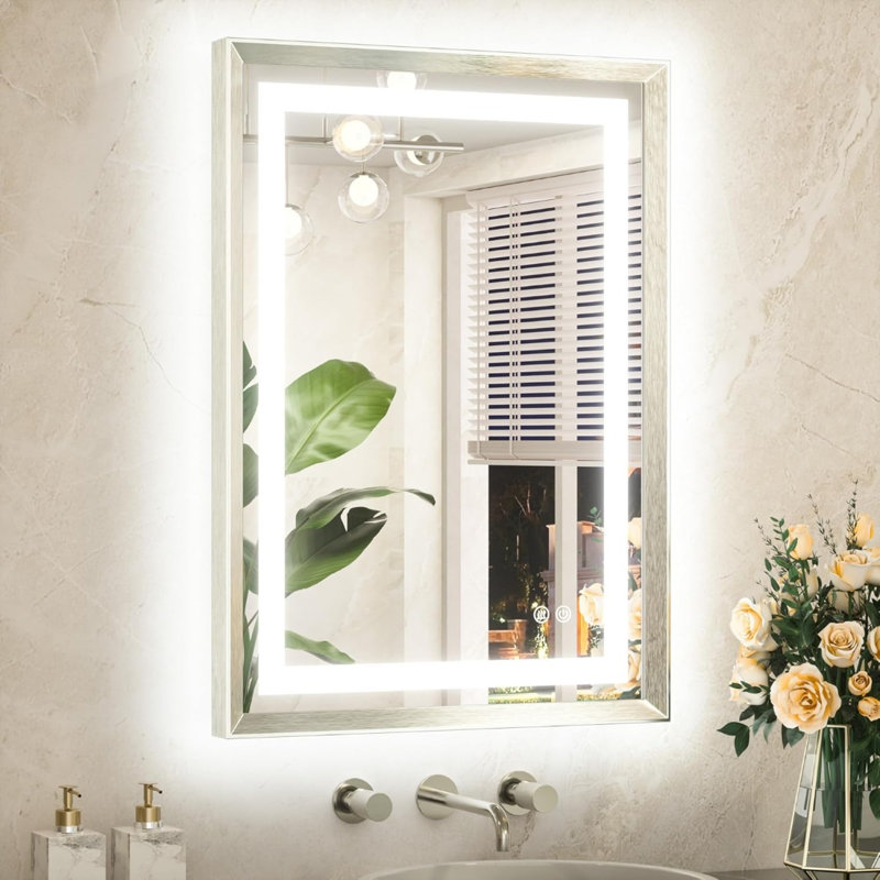 Miroir de salle de bain 22 po x 30 po à DEL en nickel brossé brillant avec cadre en métal brossé et rétro-éclairé, miroir de salle de bain anti-buée, réglable en continu, 3 couleurs, blanc / chaud / naturel, avec lumières, fixation murale