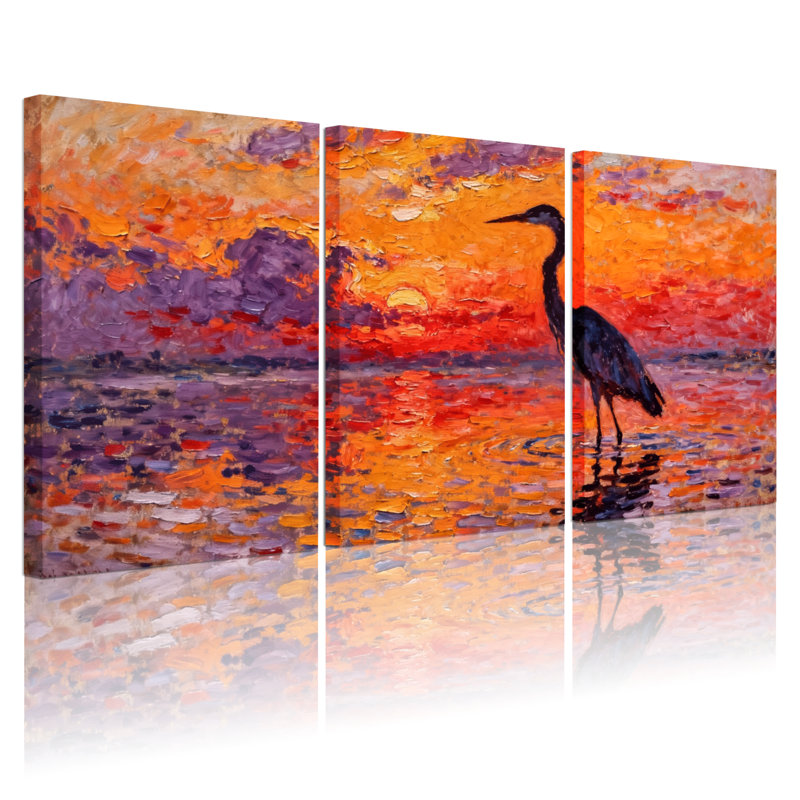 Birds Sunset Heron Water Reflection, ensemble de 3 reproductions d'art sur toile, H 18 po x l 36 po