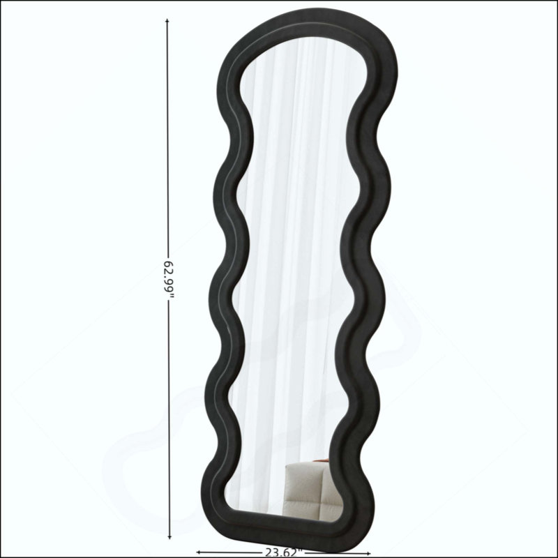 Miroir de plancher pleine longueur Wave pour le salon de la chambre à coucher suspendu ou contre le mur, Noir