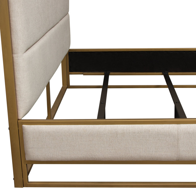 Empire Queen Bed In Sand Fabric With Hand Brushed Gold Metal Frame, King, Tan/Gold