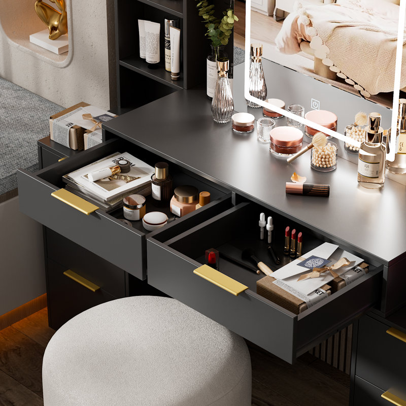 Grand bureau de maquillage avec miroir éclairé et prise de courant, coiffeuse avec 3 modes d'éclairage, luminosité réglable, tiroirs, tablettes, séchoir à cheveux pour chambre à coucher