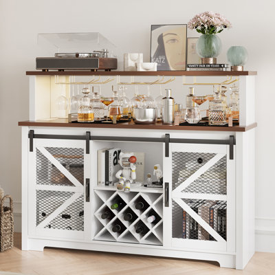 55" Wine Bar Cabinet With Sliding Barn Door, LED Lights & Wine Rack - Coffee Bar Cabinet For Dining Room, Living Room, Kitchen Buffet -