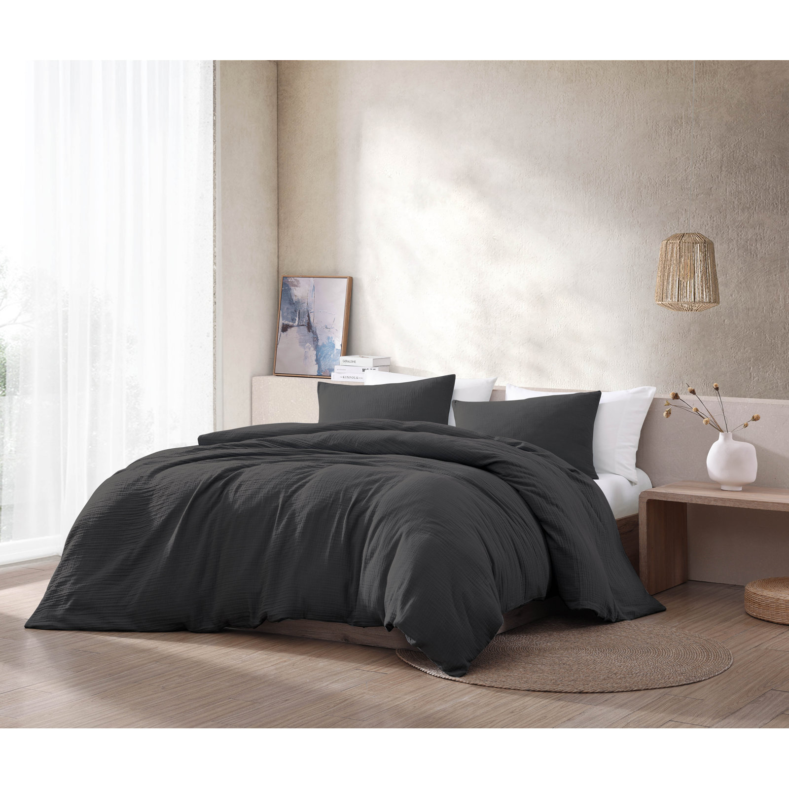 Dylan Cotton Gauze Comforter Set, Black, Queen Duvet Cover + 2 Queen Pillowcases
