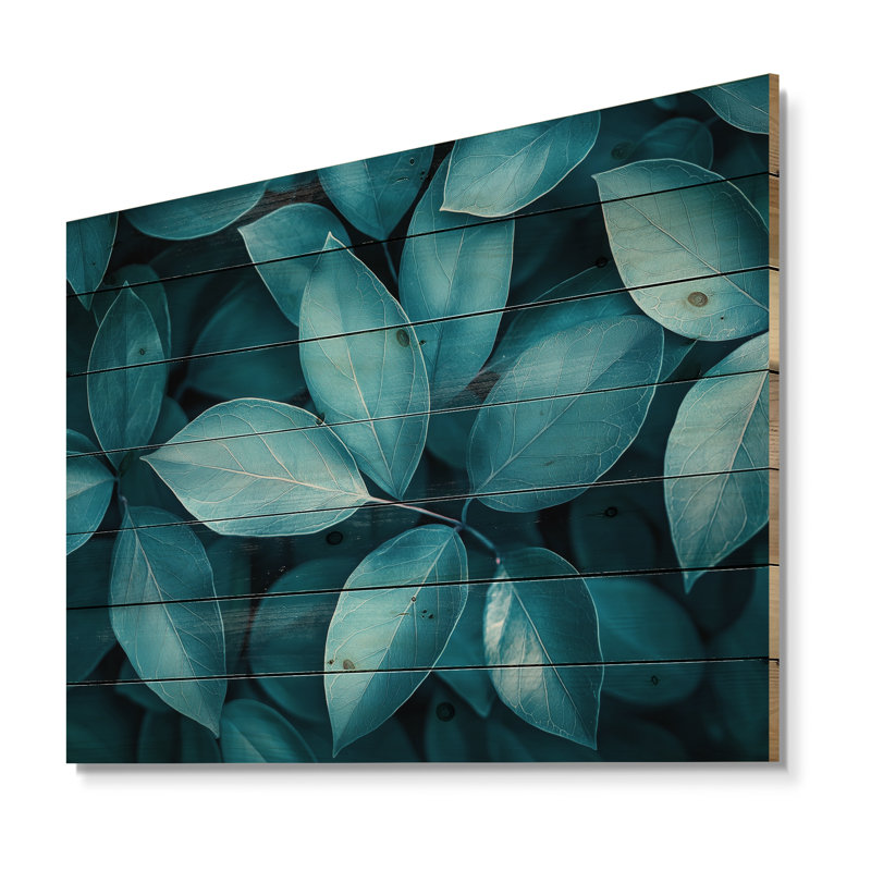 Feuilles décoratives monochromes bleu sarcelle II - feuilles, décoration murale en bois - sur bois de pin naturel