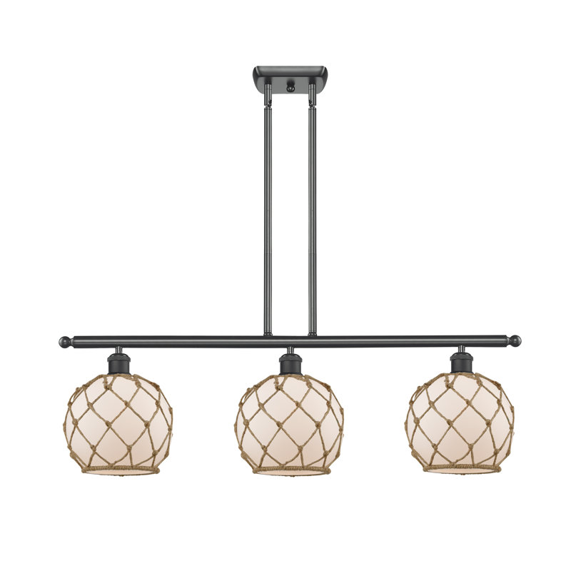 Luminaire suspendu linéaire à 3 lumières pour îlot de cuisine Hildebrandt Farmhouse, Blanc avec corde brune, Brun mat