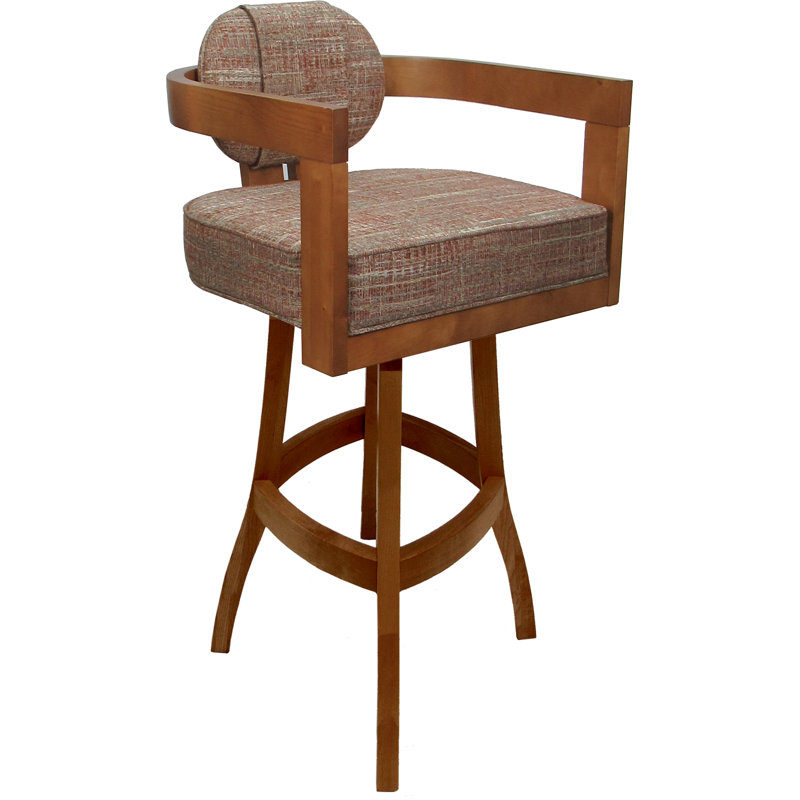 Tabouret de bar pivotant en bois Camili sur base en S, Siège en mélange de polyester rouge / structure , Honey