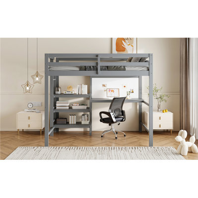 Twin Size Wooden Loft Bed With Shelves, Desk And Writing Board