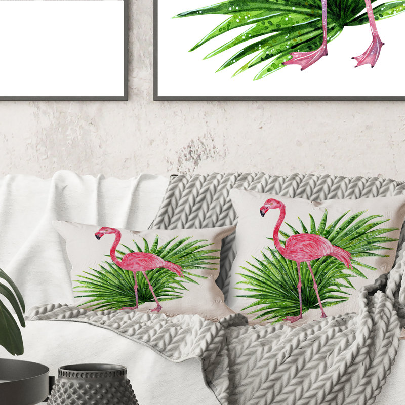 Collage tropical avec feuilles et flamant rose - coussin décoratif imprimé tropical, 18 po x 18 po