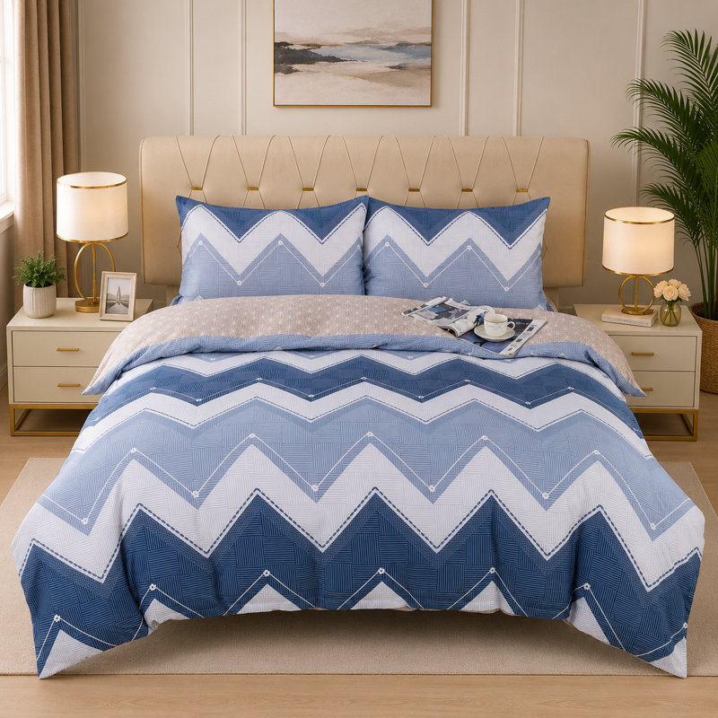Complete Bedding Set Bliss Silver Wave Duvet Cover, Matching Fitted Sheet & Pillowcases, Double