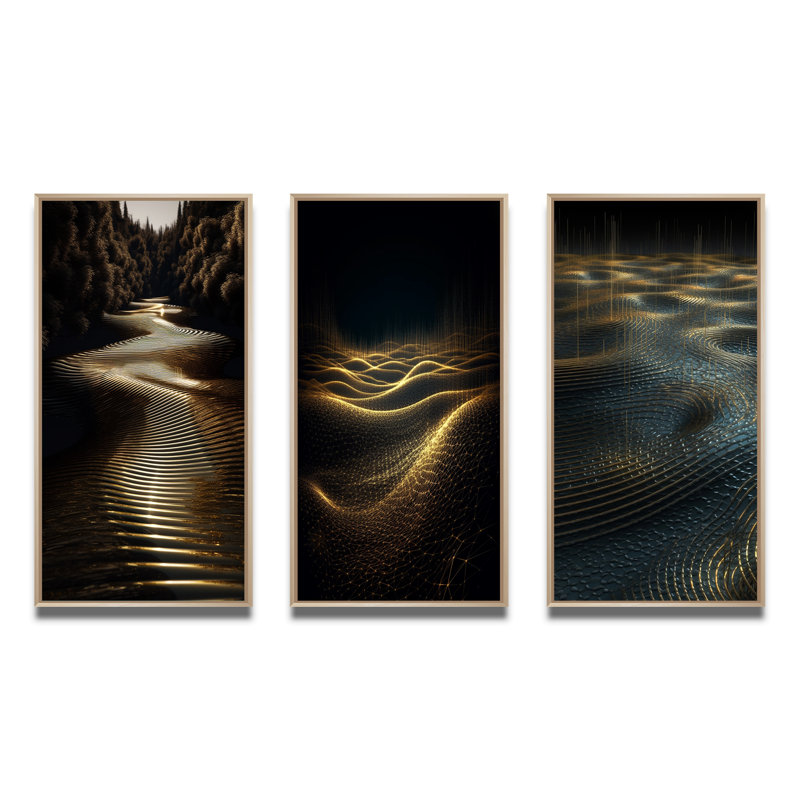 Lumière dorée réfléchie sur des ondes concentriques - ensemble de 3 impressions, Cadre naturel flottant, H 40 po x l 60 po