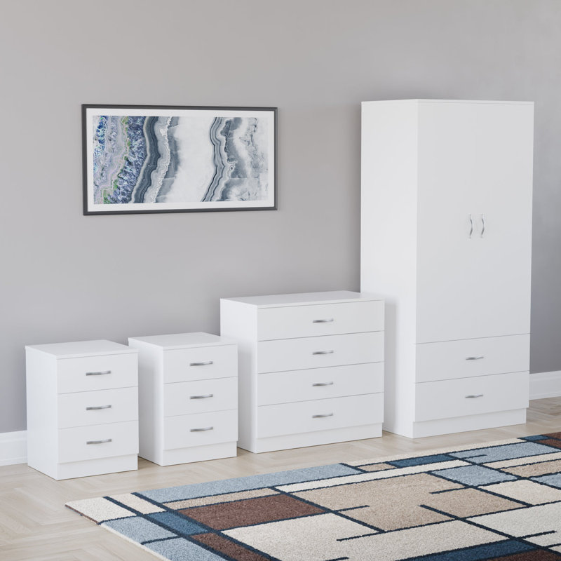 Tayce 4 Piece Bedroom Set (3 Drawer Bedside Chest X2, 5 Drawer Chest, 2 Door 2 Drawer Wardrobe), White