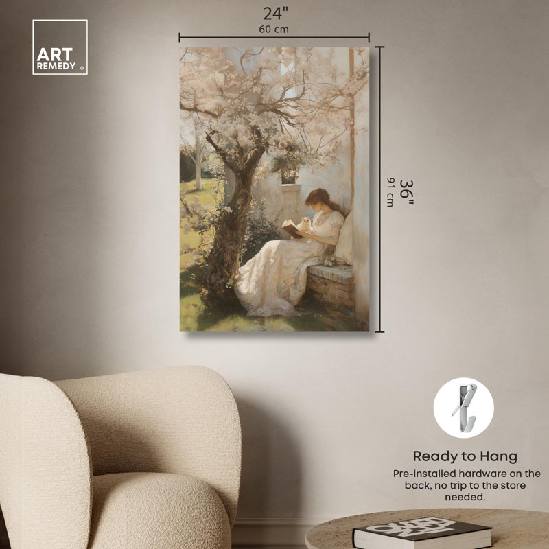 «Reading With Her Cat» par Art Remedy, H 36 po x l 24 po, Toile tendue, Toile tendue