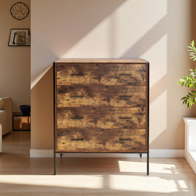 Commode à 4 tiroirs de style industriel avec rangement en bois brun rustique et structure en acier robuste