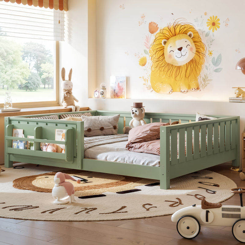 Full Size Kids Floor Bed With Fence And Built-In Bookshelf,Full Size Montessori Floor Bed With Slats And Safety Guardrail,Easy Assemble Montessori Beds For Kids,Green