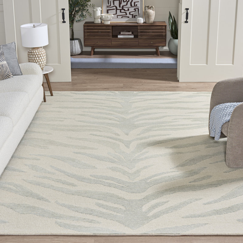 Jerramy Ebony Hand Tufted Wool Cotton Animal Print Rug in Ivory/Green, Rectangle 8' x 10'