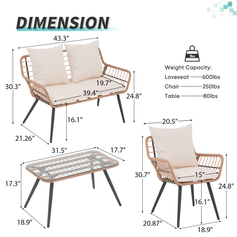 Outdoor 4 Pieces Patio Conversation Set With Cushions, Cream